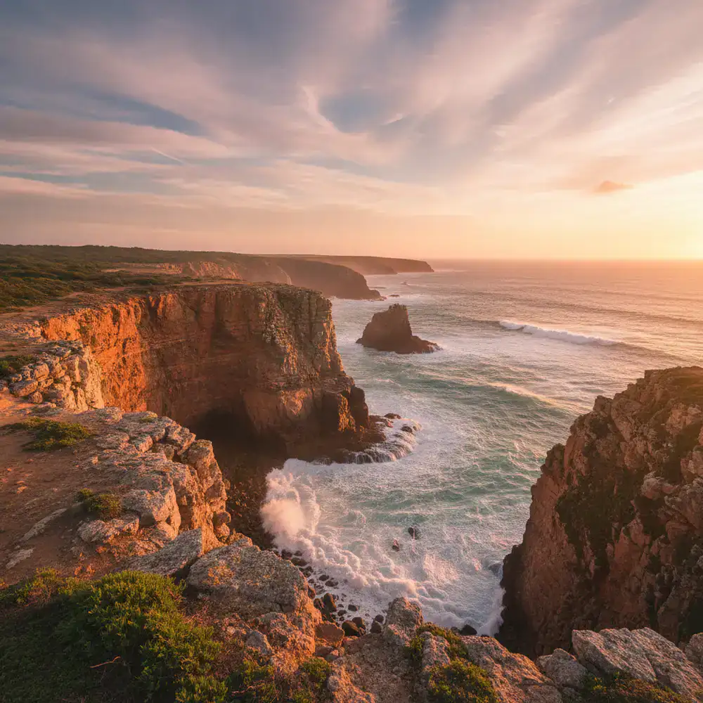 Dramatic coastal cliffs at sunset