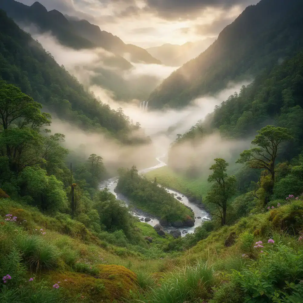 Lush green mountain valley covered in mist