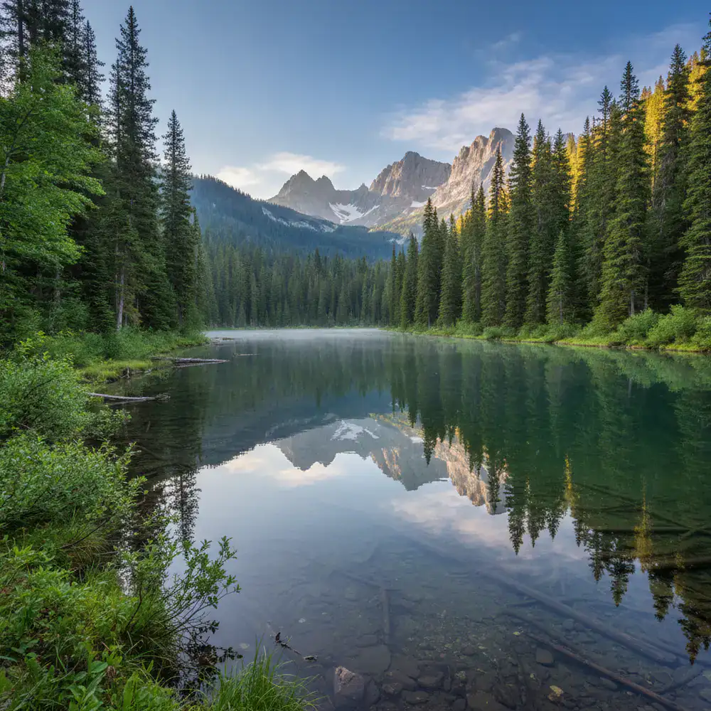 Scenic mountain lake surrounded by lush forests