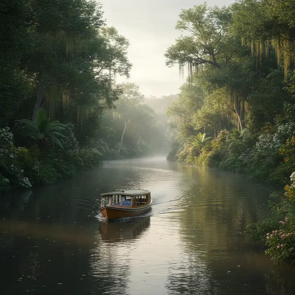 A wooden boat cruising along a serene river lined with lush vegetation