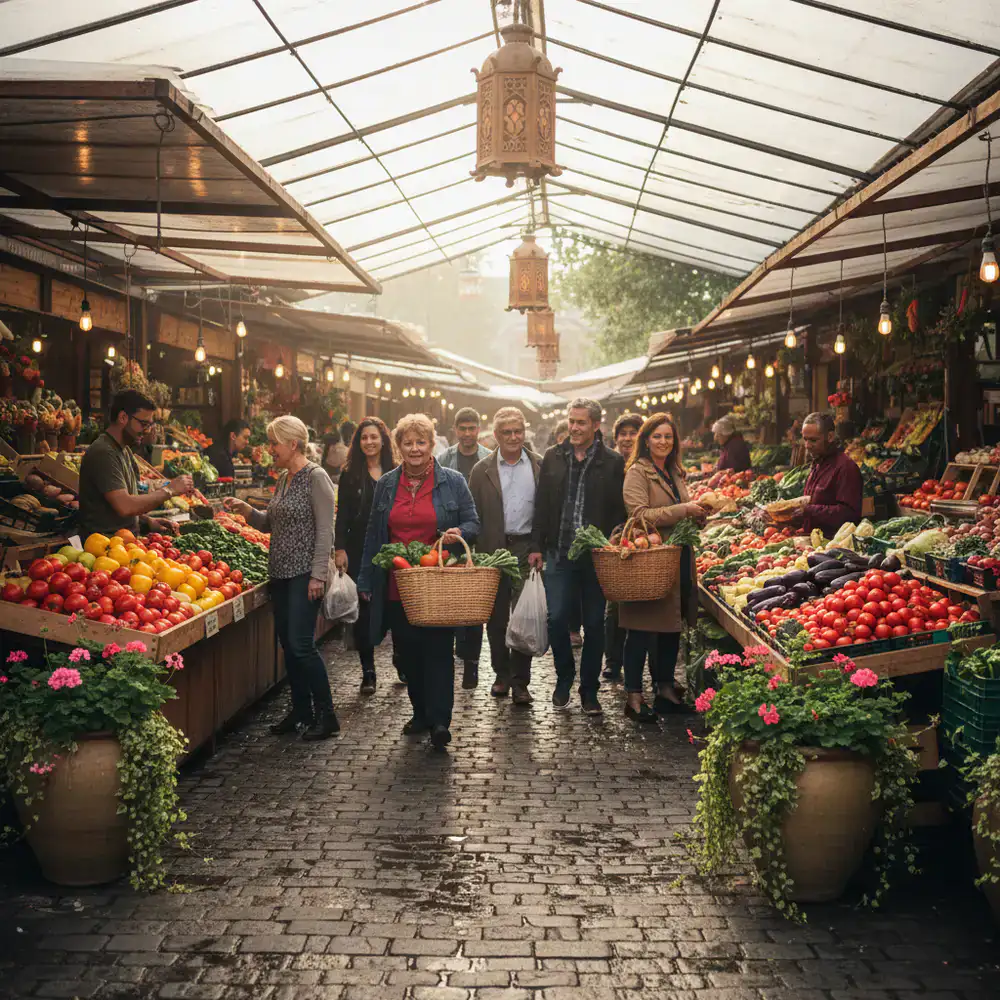 Group of people walking through a vibrant local market