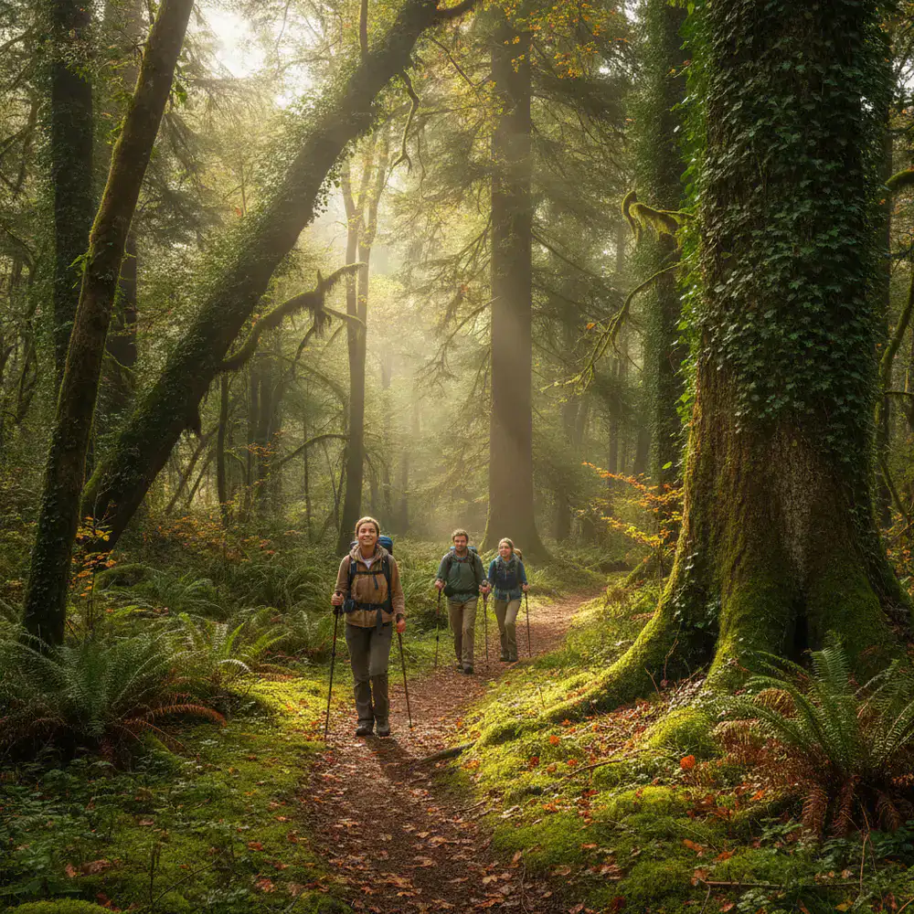 Hikers walking on a forest trail