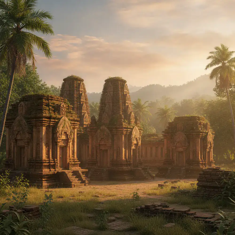 Ancient terracotta temples glowing in the afternoon light