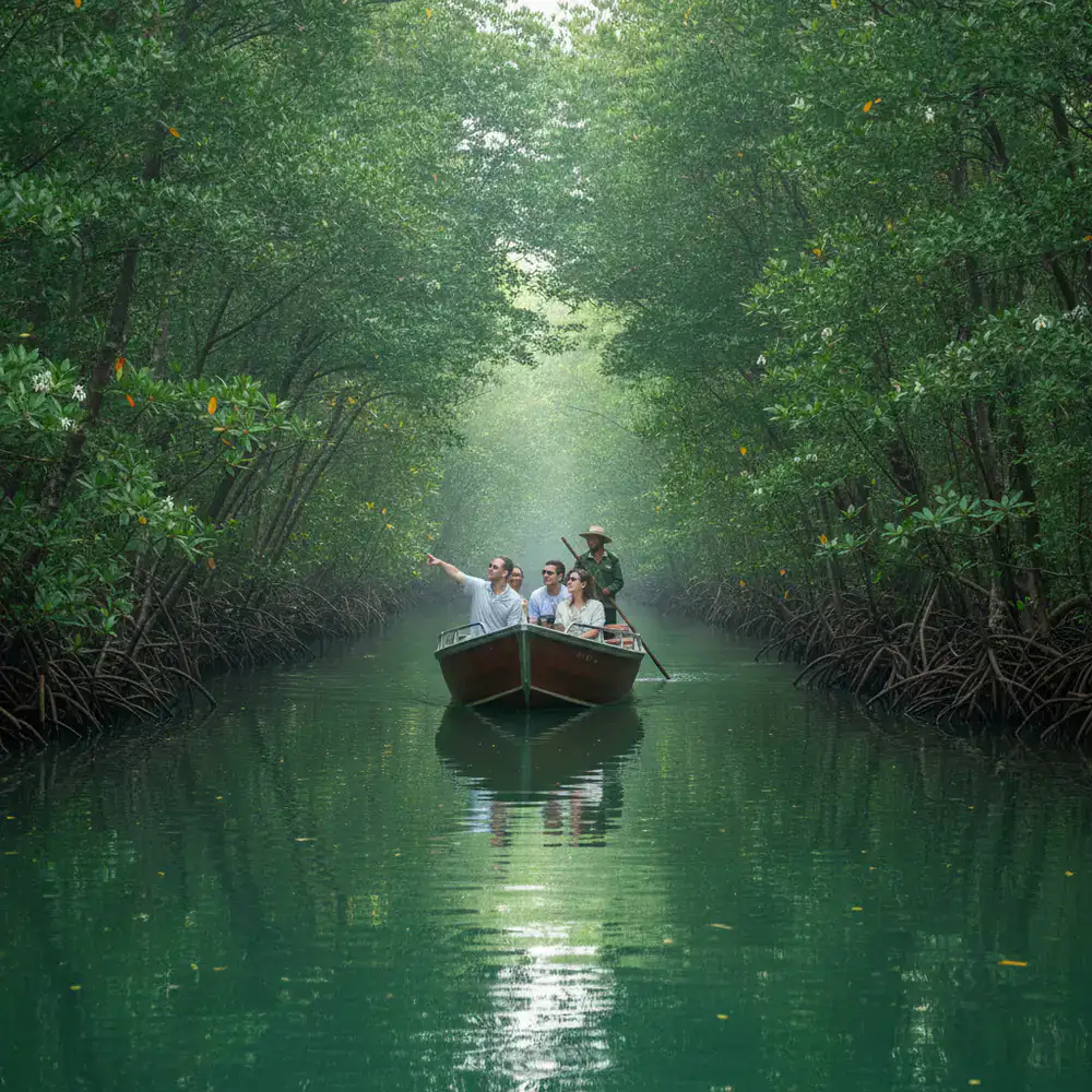 A small tour boat navigating narrow mangrove creeks