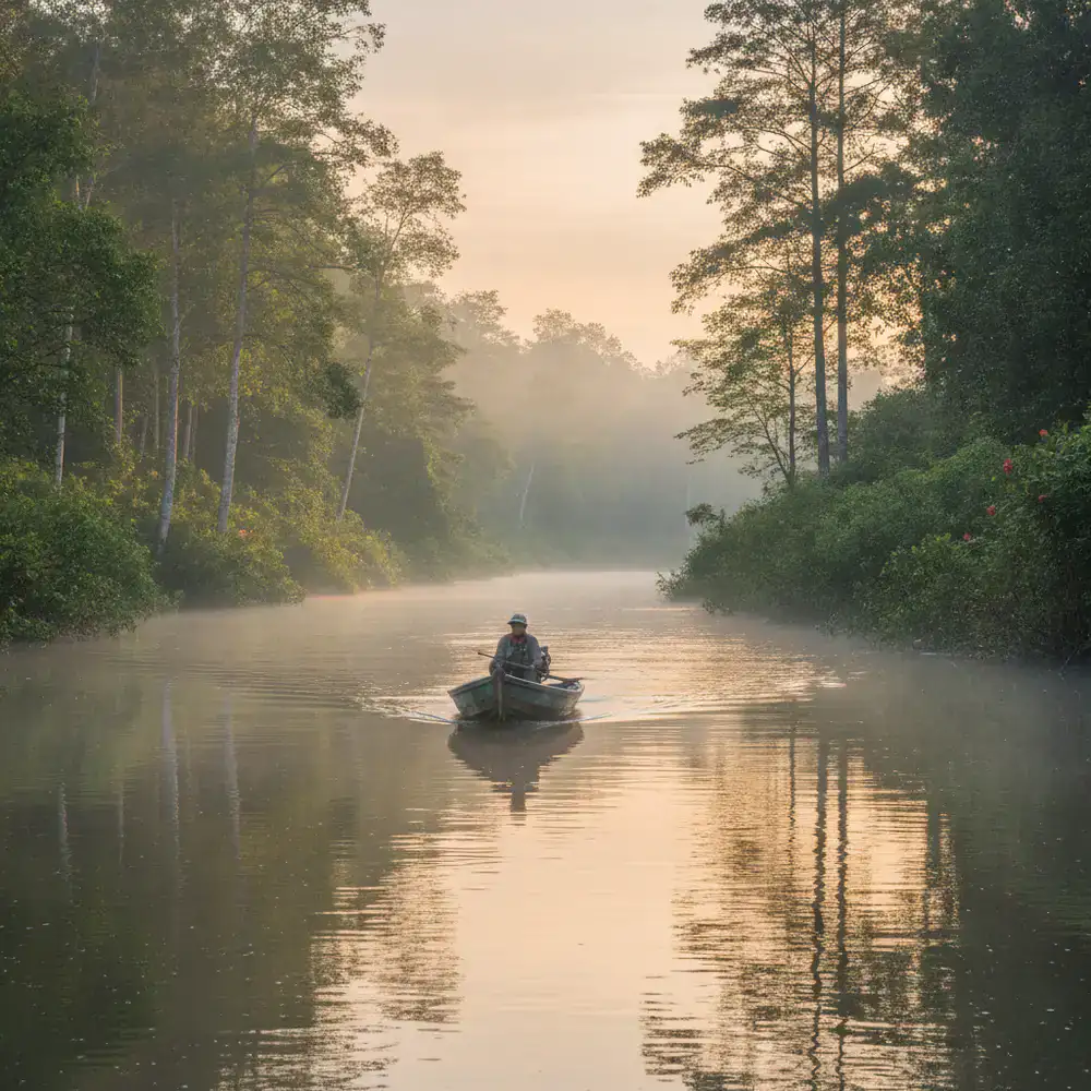 Small boat cruising down a tranquil river