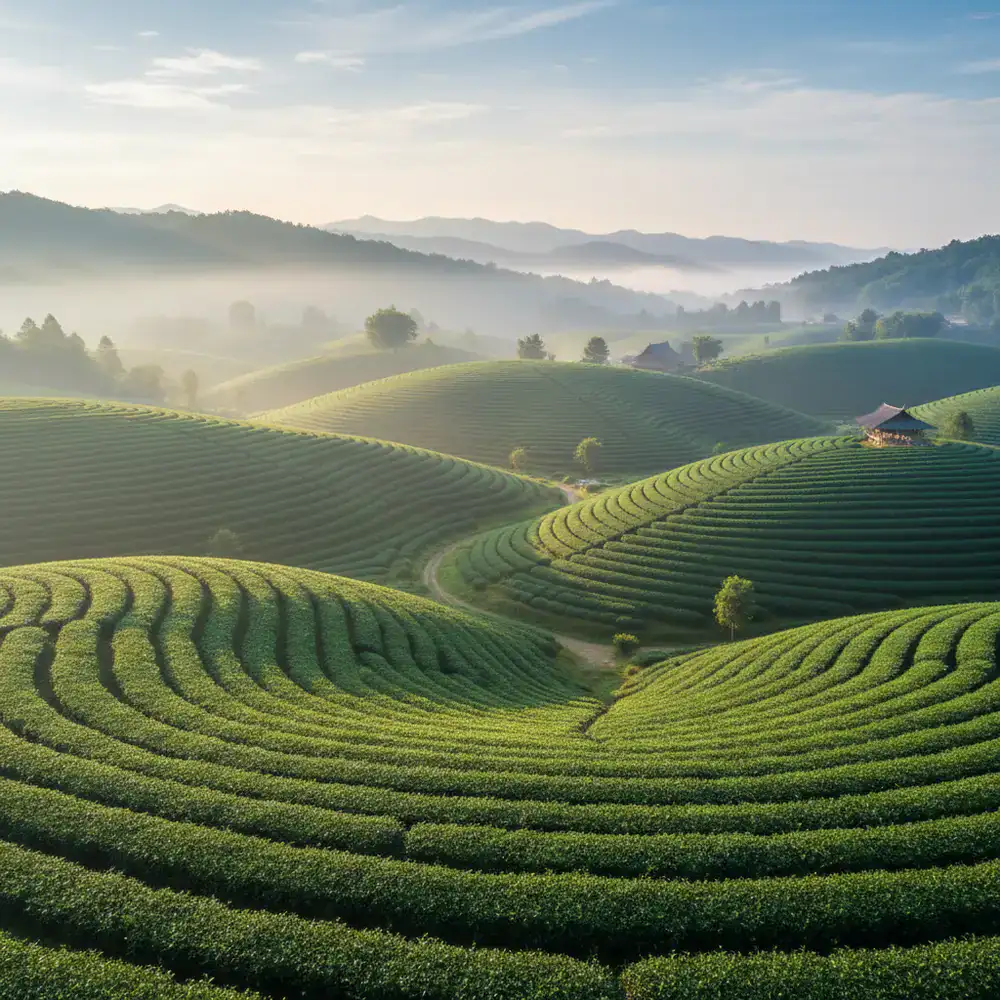 Lush green tea gardens rolling over gentle hills