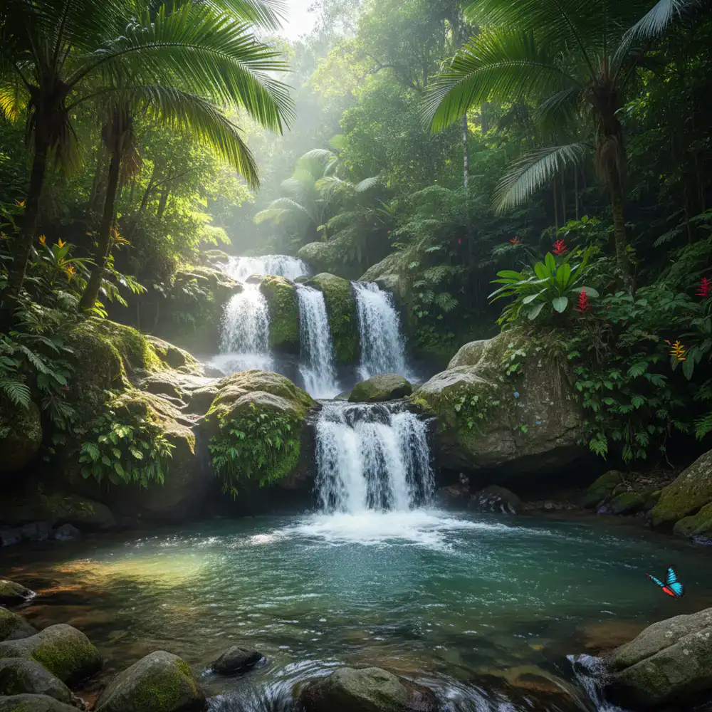 Clear water cascading down rocks in a tropical forest