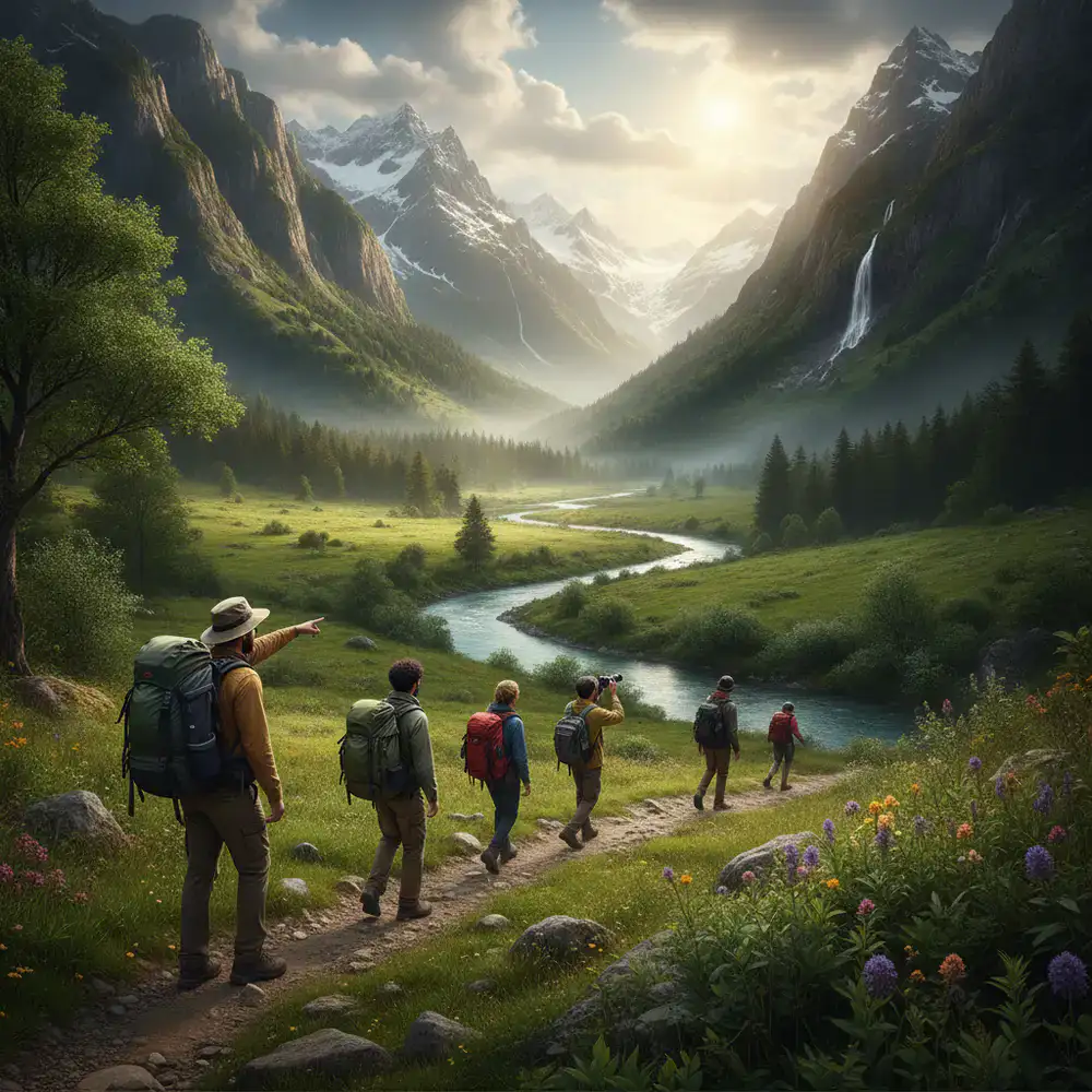 Travelers exploring a vibrant scenic valley